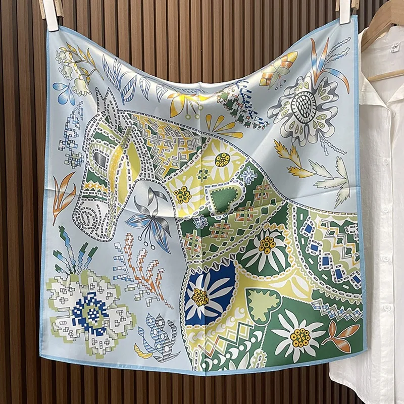 green-boho-horse-square-scarf-70cm-ethnic-floral-satin-bandana-women-neck-handbag-wrap-elegant-silk-feel-daily-fashion-accessory