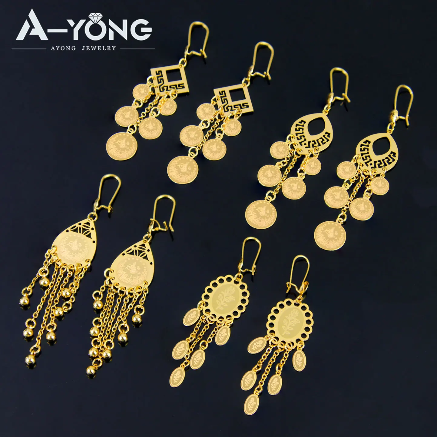 Pendientes colgantes de monedas de moda turca chapados en oro de 21k Nigeria pendiente colgante para boda nupcial joyería árabe para fiesta y evento para mujer