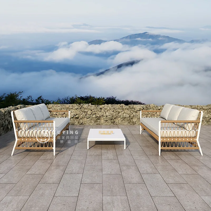 

Уличная мебель Уличный диван Солнцезащитный крем Водонепроницаемый стул из ротанга Патио Терраса Досуг Открытый двойной диван Журнальный столик