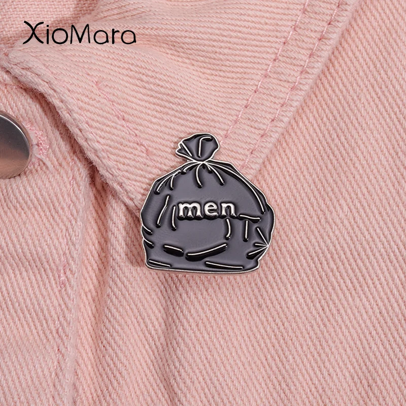 Funny Black Trash Bag Metal Enamel Pins Men Are Garbage Badge Brooch Creative Environmental Protection Lapel Backpack Jewelry