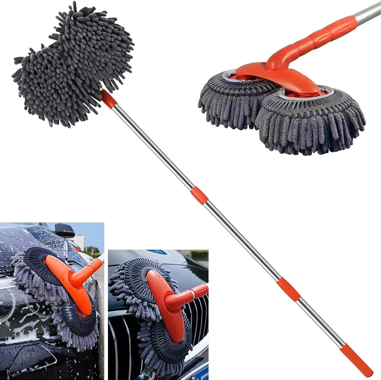 

Rotating Double Brush Head Car Wash Mop Auto Supplies Three-Section Telescopic Mop Roof Window Cleaning Maintenance Accessories