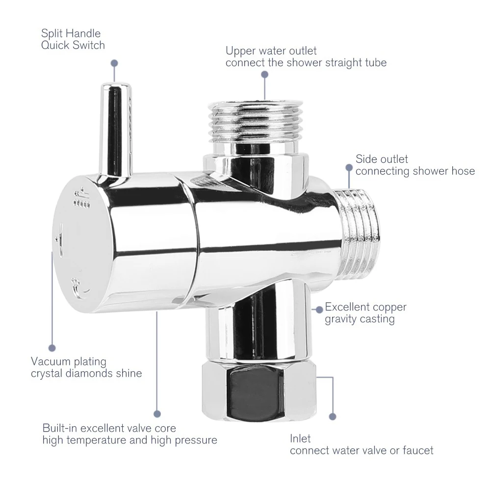 

Diversion Valve Tap Chrome Faucet T Adapter Anti-scratch 3-Way Shower Arm Diverter Corrosion Resistant for Fixed Spray Head