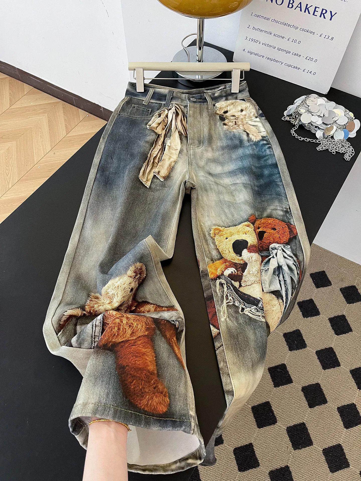 Retro American Street Design Bear 3D Printed Wide Leg Denim Pants Women Loose Fitting Vintage Long Trousers Summer High Waist