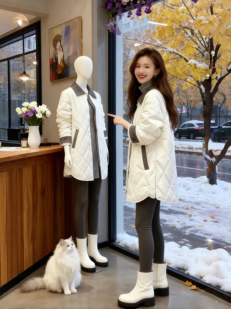 

Korean Sle Women's Thiened down Cotton Jaet Diamond id Loose Fit Winter Coat Large Size PP Cotton Padded Outerwear