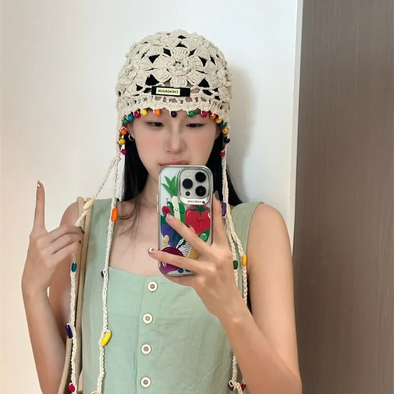 Handmade Crochet Hat Y2k Fashion Hollow Beanie Hat Cap with Beads Tassle Thread Knitting Thin  Baotou Hat for Decoration Japan