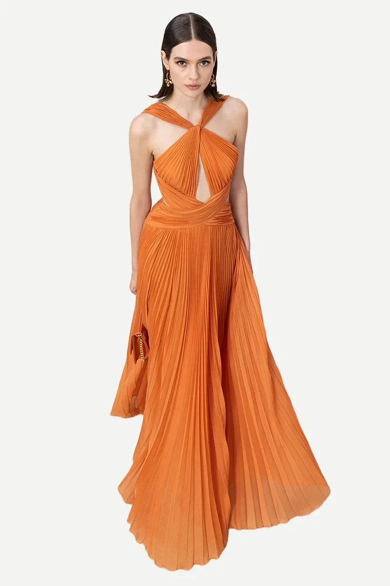 Elegantes vestidos de noche largos de color naranja con cuello halter, plisados, corte en A, tul, hasta el suelo, vestidos de fiesta para mujer