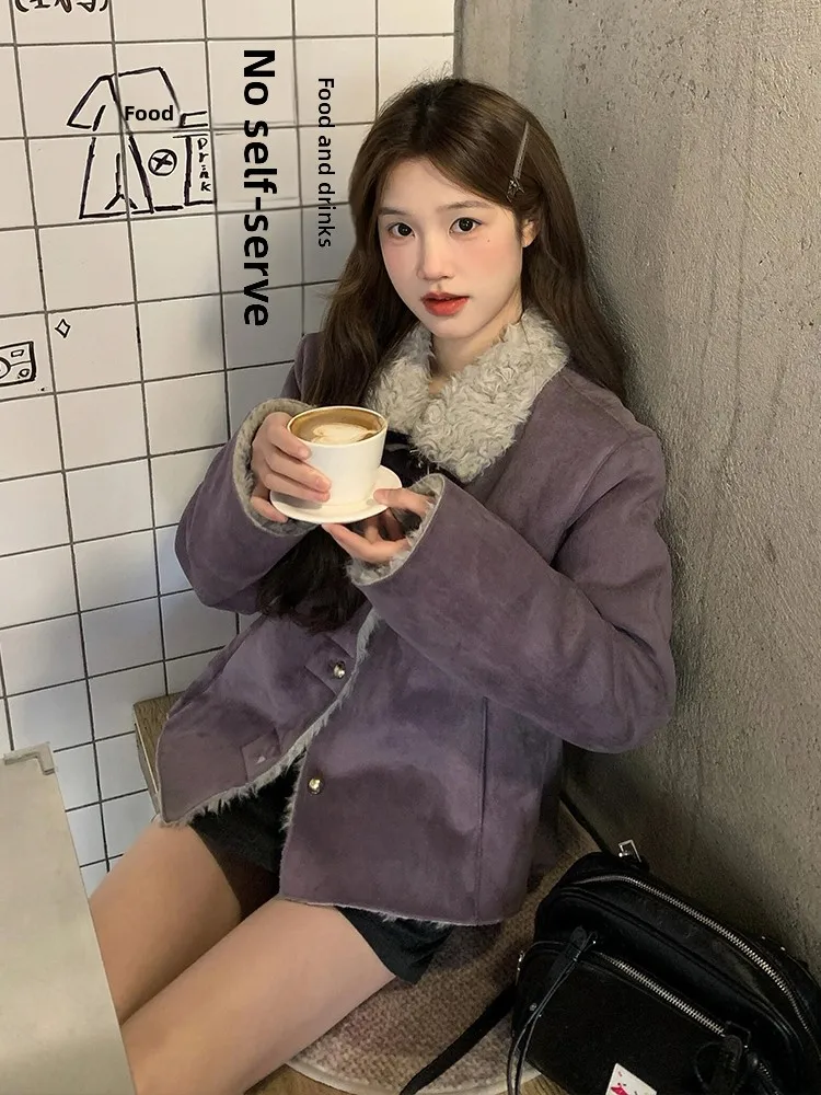 

Women's ort Thiened Suede Lamb Fur Jaet Warm Waist-Cinching Outerwear College Sle Long Sve Side ket Winter Coat