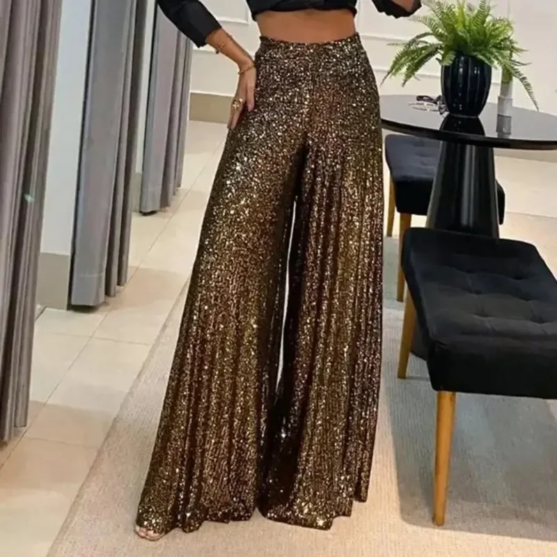 High Waisted Elastic Waistband Straight Leg Full-length Solid Color Women's Pants Club Night Sequin Loose Wide Leg Pants OFE05