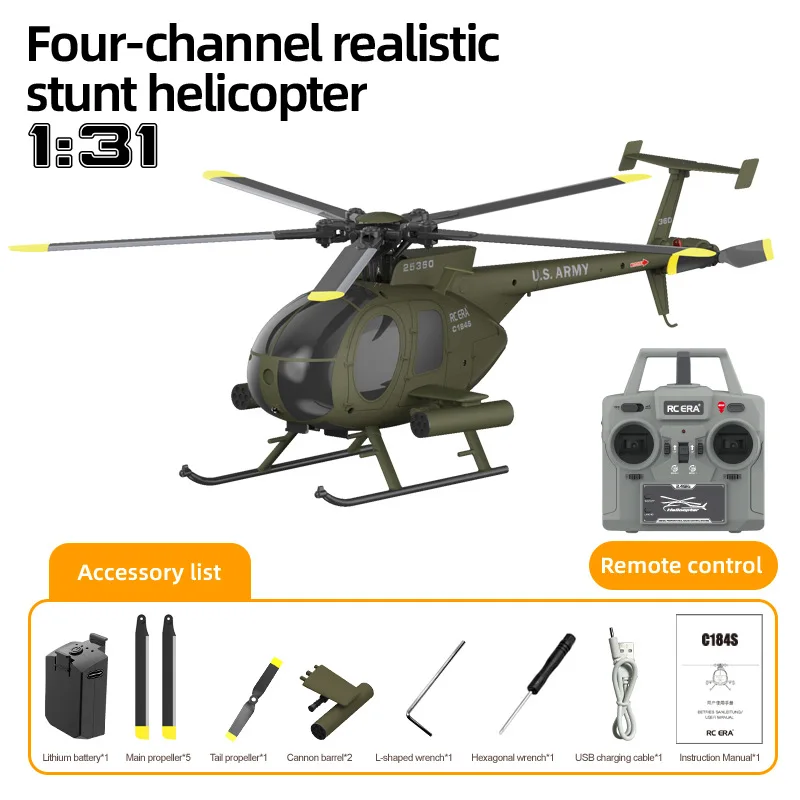 RC Era C184S  Helicopter 6CH Brushless MD500 Simulation Military Aircraft Drop Resistant Stunt Hobby Model For Adult Collectors