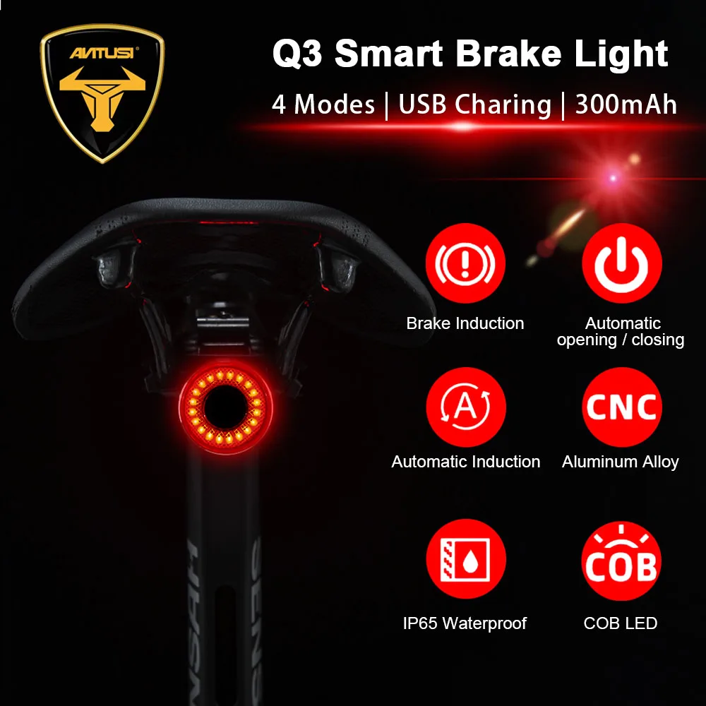 Antusi Bicycle Smart Auto Brake Sensing Light IPx6 Waterproof LED Charging Cycling Taillight Bike Rear Light Accessories Q3