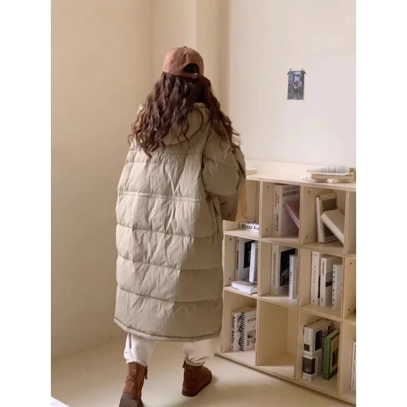 2023 Nieuwe Dames Donsjack Winterjas Dames Lange Parka 'S Losse Veelzijdige Overknee Bovenkleding Dikke Effen Kleur Capuchon Overjas