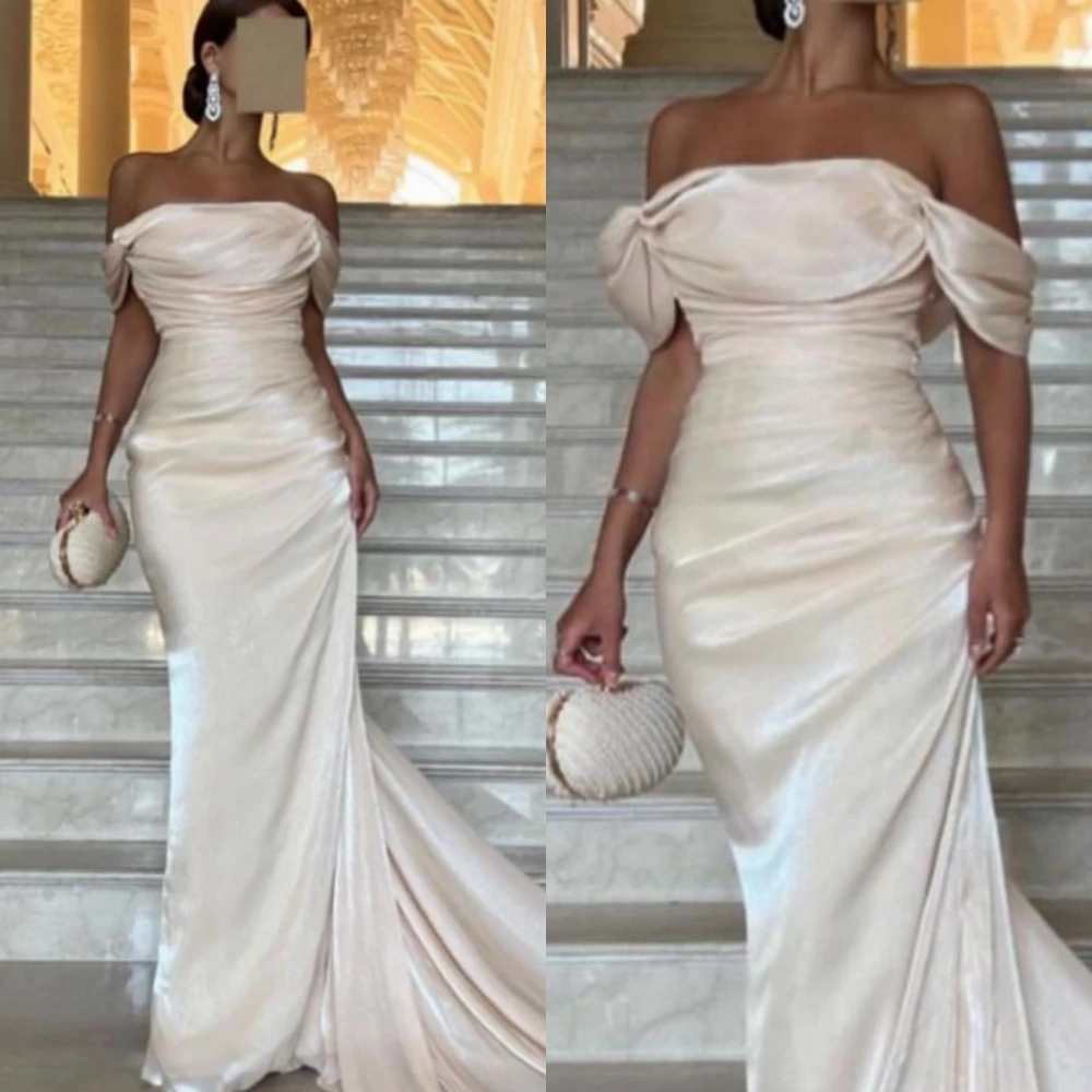 

Customized Evening Dresses Exquisite Off-the-shoulder Mermaid Sweep/Brush Prom Draped Chiffon Formal Occasion Gown vestido femi