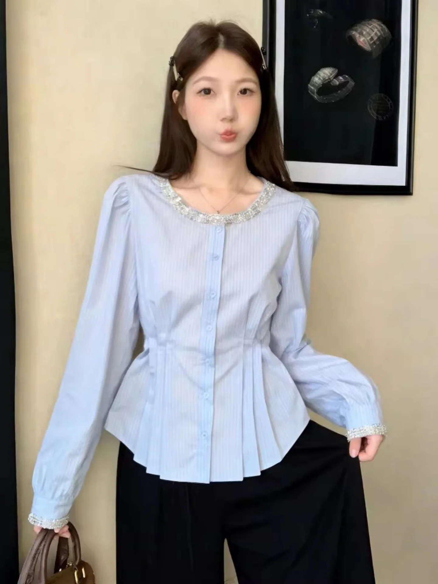 

Ele Blue Striped Long Sve irt Women's plus Size Slim Fit Button up Korean Sle Commute Faion Age Reduction Top