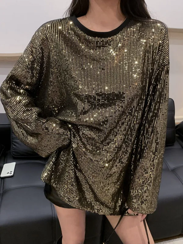 

Spring 2026 Women's Long Sve Loose Bla Sequin T-irt Faionable Casual Top Korean Sle Commute Wind Universal Fit