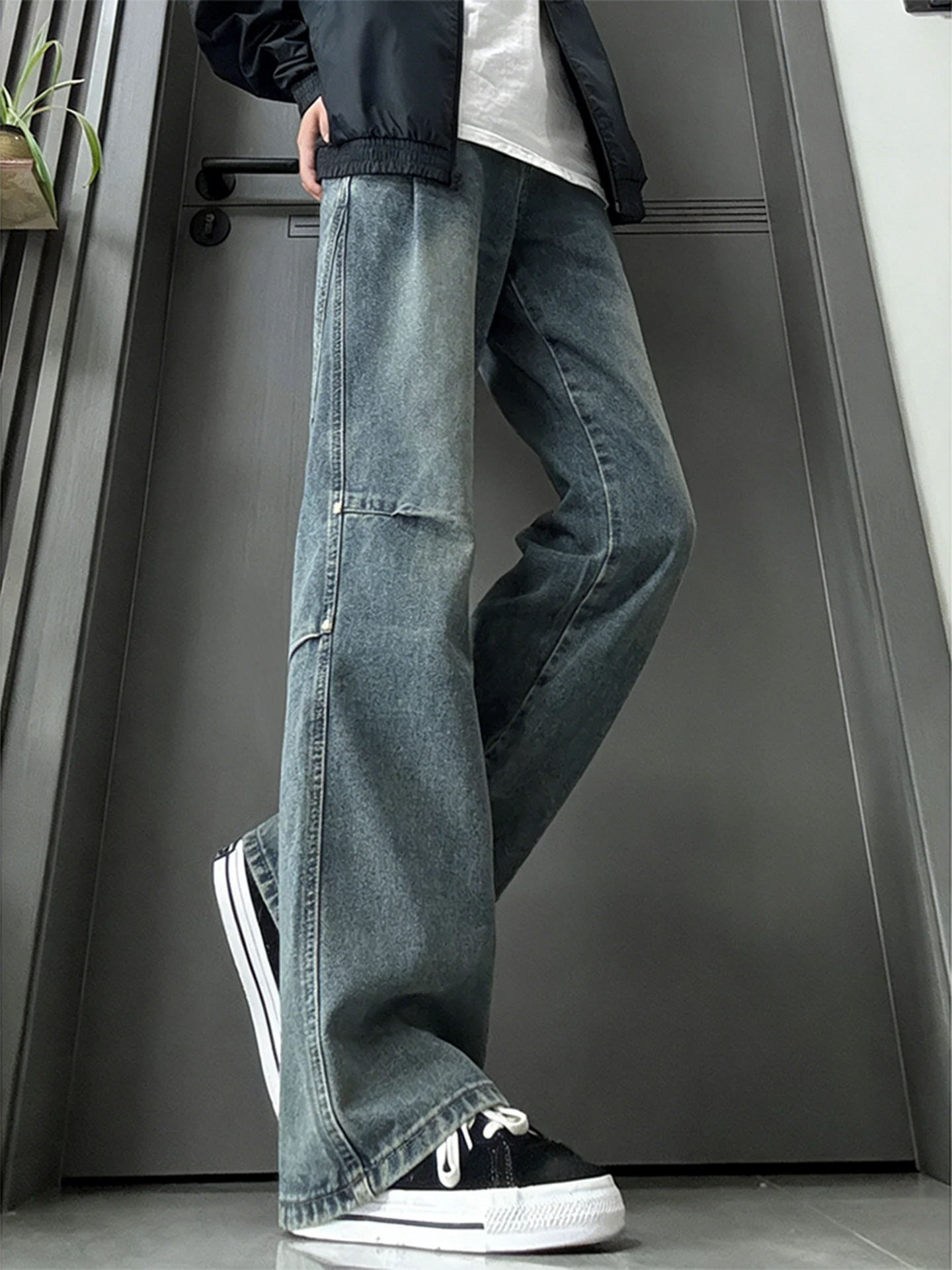 Cleanfit Black Studs Micro Flare Jeans Men's American High Street Trend Straight Leg Slimming Knife Pants Casual Wear