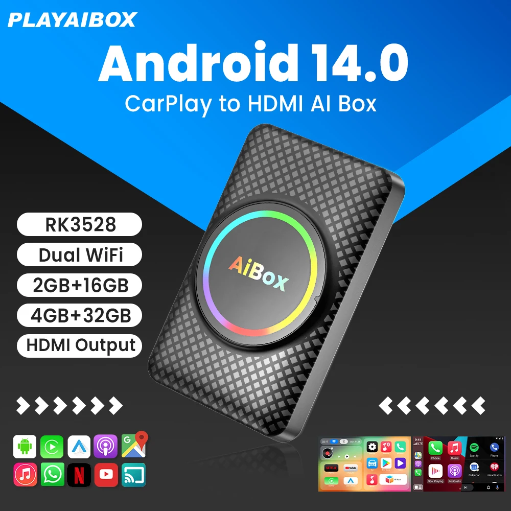 

PLAYAIBOX Android 14 CarPlay Wireless Android Auto HDMI Ai Box For Youtube Nexflit Built in Play Store For Lexus Kia Jeep Benz