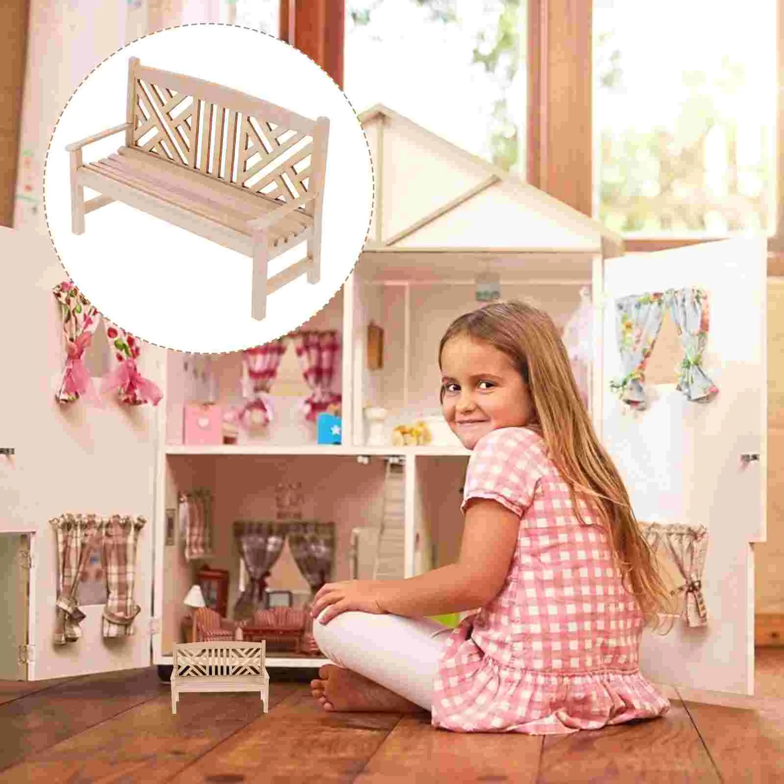 

Dollhouse Double Chair Mini Bench Model Decor Girl DIY Furniture Wooden Simulation Toddler