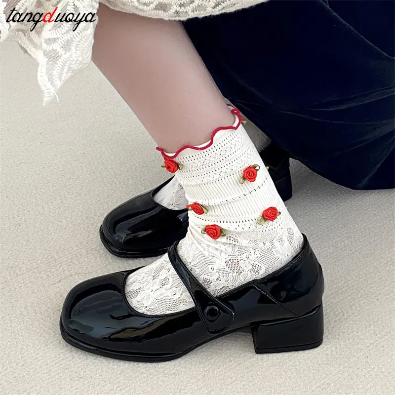 Retro red Mary Jane Shoes Women Thick Heels Ankle Buckle Lolita Shoes Woman Student French Square heel shallow mouth single shoe