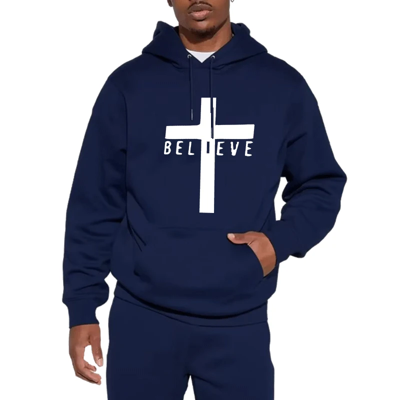 

European 250G heavy-duty men's hoodie Cross Believe Print Unisex Pollover Drawstring Mountain Men Casual Pullover Hooded Sweatsh