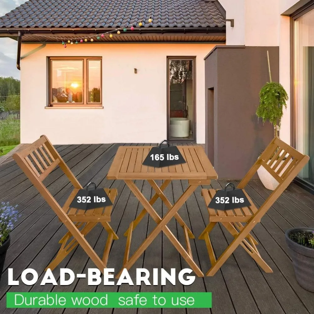 طقم بيسترو للفناء قابل للطي من خشب السنط مكون من 3 قطع طقم بيسترو خارجي مع كرسيين وطاولة مربعة لحمام السباحة