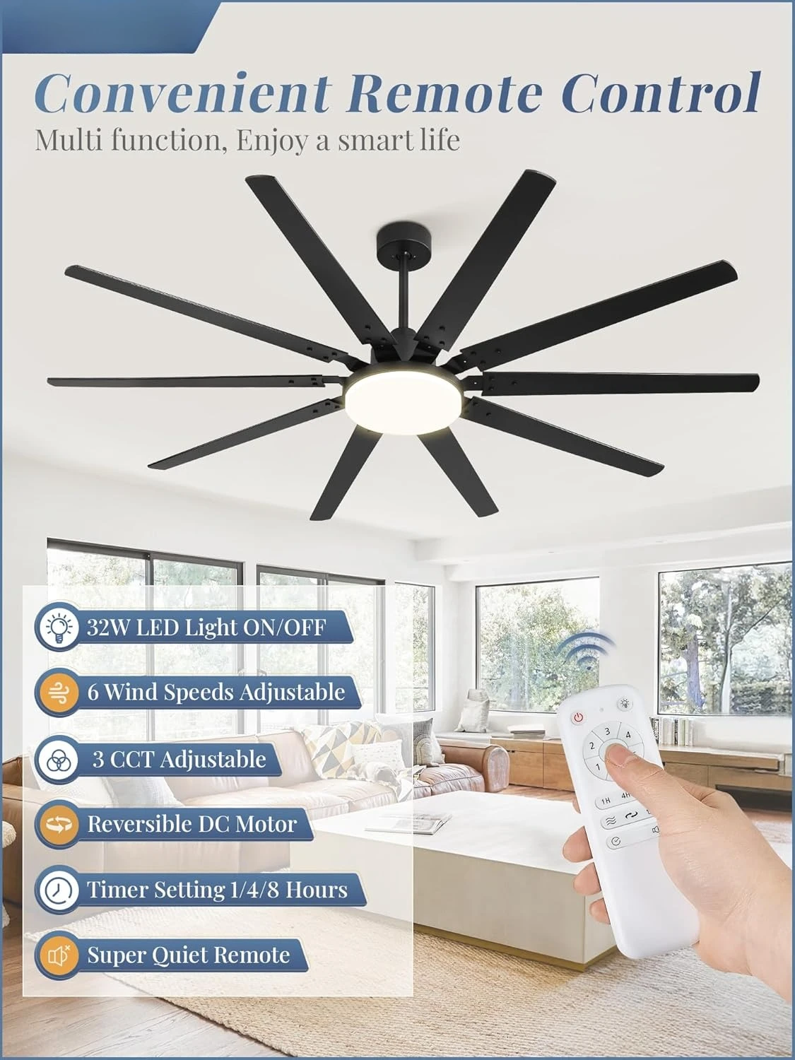

72 inch Large Ceiling Fans with Lights and Remote, Outdoor Black Ceiling Fan with 10 Blades, 32W LED light 3 CCT