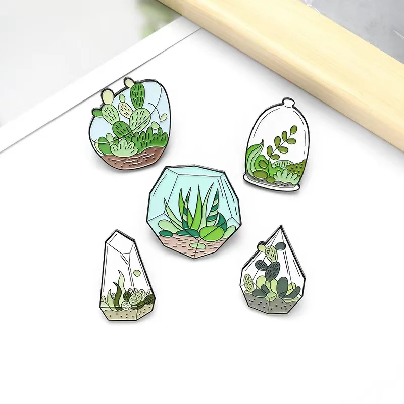 Custom Potted Plant Enamel Pins Terrarium Cactus Aloe Brooches Lapel Badges Backpack Clothes Green Plant Jewelry Gift for Friend