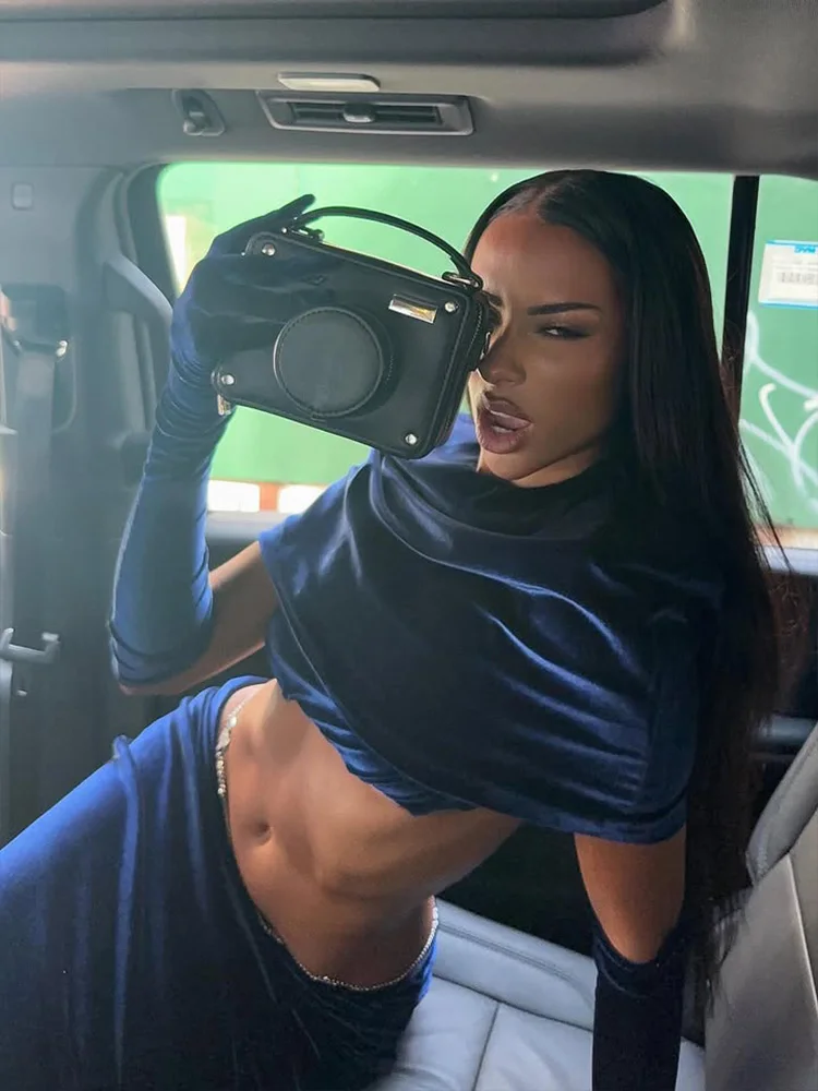 CNYISHE الدعاوى المخملية الصلبة النساء مجموعات سوبر بلوزات قصيرة 2 قطع موضة أنيقة مثير نادي غمد Oufits قفازات الإناث س الرقبة #3