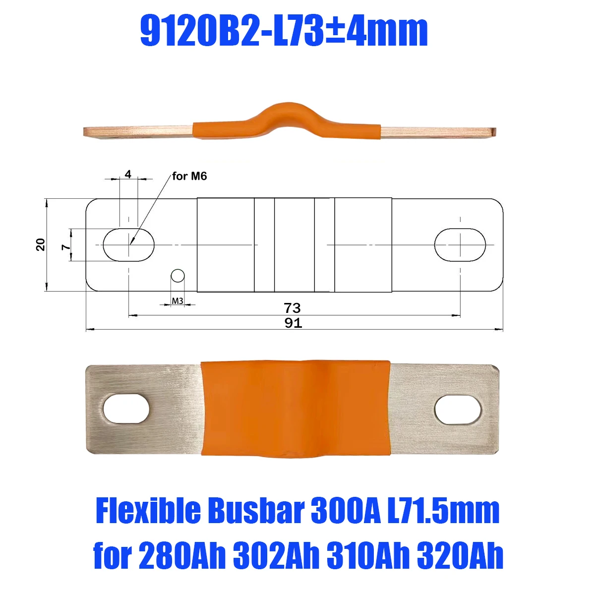 Lifepo4 Battery Flexible Busbar 72mm 300A Lithium Battery Straps Clips Stud Connecting Bars Pure Copper For LFP 280K 230Ah 280AH