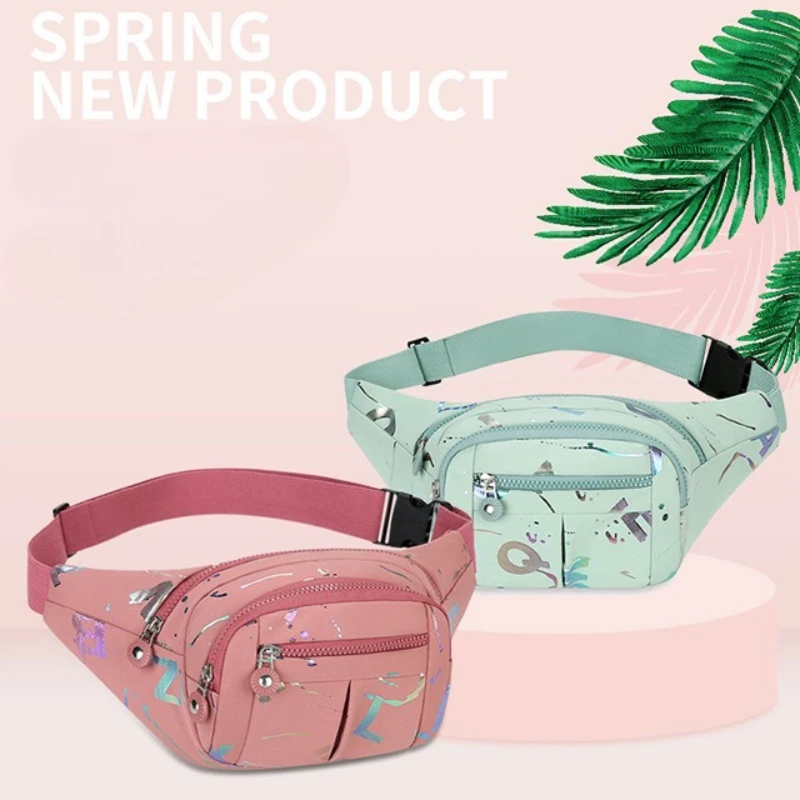 Women Printed Stitching Oxford Fabric Fanny Pack, Lightweight Multi Pocket Casual Waist Bag for Daily Commute Travel view 2