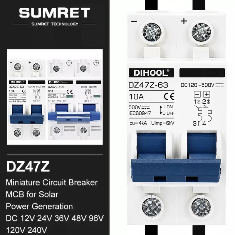 DZ47Z DC Miniature Circuit Breaker  2P Solar Energy PV MCB 16A 40A 50A 63A 100A 125A Air Switch For Photovoltaic System