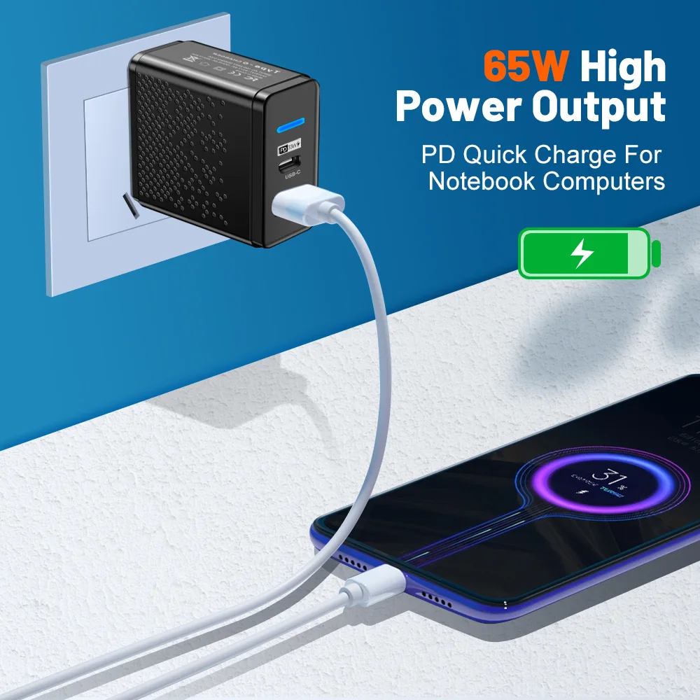 LEDウォール充電器,65W,USB-c,iPhone,Samsung,Xiaomi,Huawei,redmi,Honor,Poco,eu,us/uk用