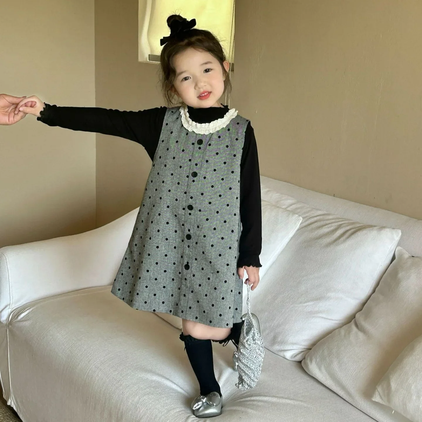 Girls Casual Dresses Autumn New Childrens Clothing Korean 2024 Wave Point Vest Skirt Simple Sweet  Round Collar Fashion