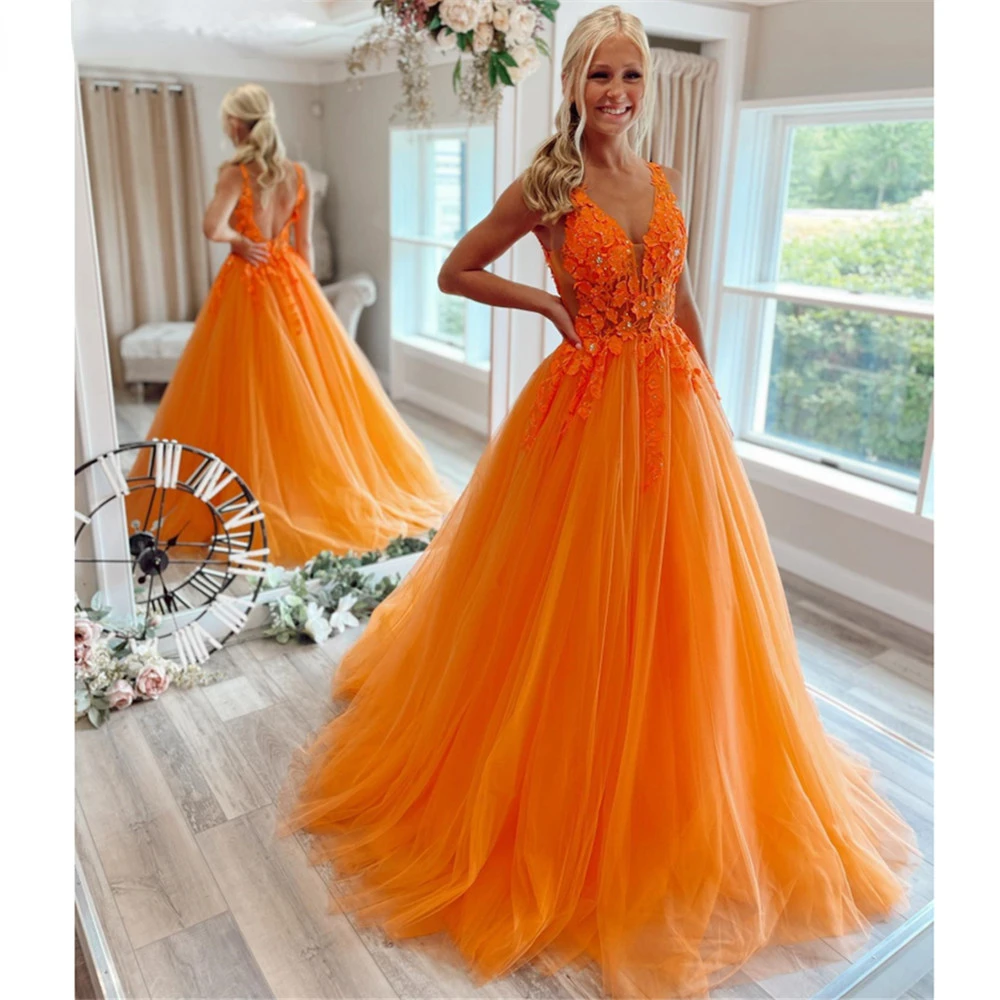 

Orange Floral Appliques Prom A-line Evening Dresses Sleeveless Sheer Deep V Neck Tulle Party Formal Gowns With Zipper