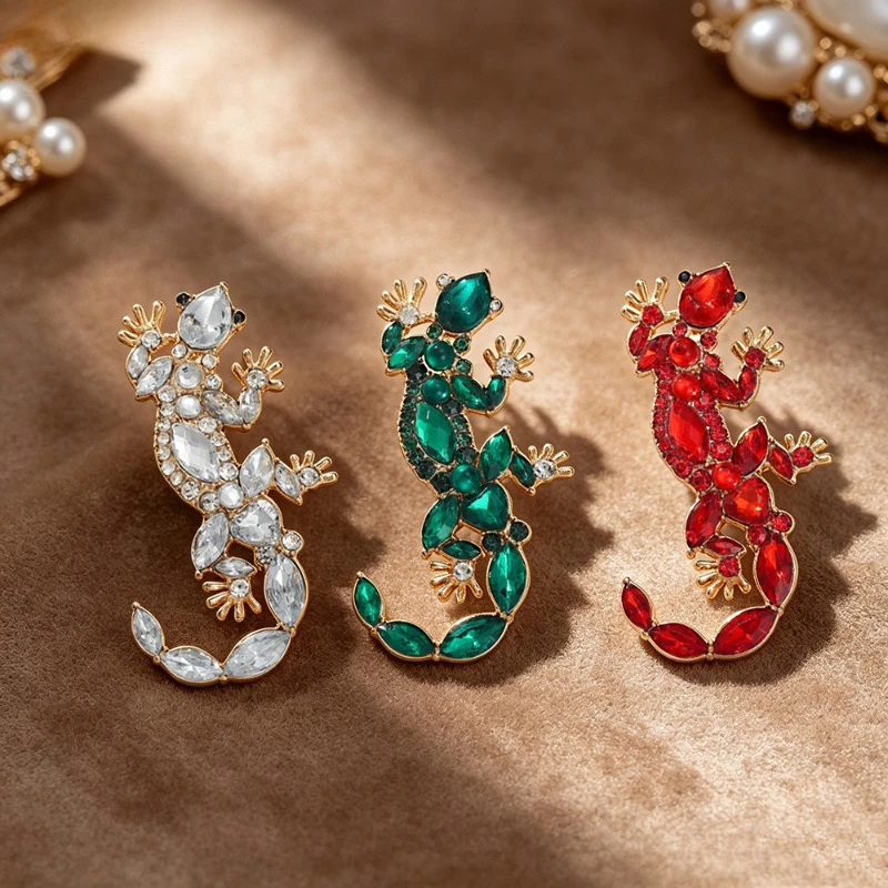Fashion Vintage Rhinestone Gecko Brooch Multicolor Crystal Lizard Animal Metal Badge Casual Jewelry Gift Pin DIY Clothing Bags