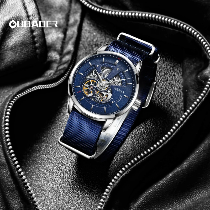 

OUBAOER мужские наручные часы с нейлоновым ремешком, мужские часы со скелетонизированным механизмом, мужские новые креативные нейлоновые серии, водонепроницаемые часы