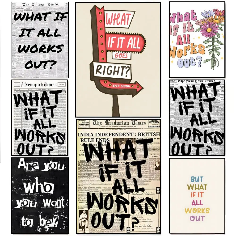 Affiche avec typographie pastel optimiste W-What If It All Works Out, autocollant mural HD imperméable, décoration de bar, de salon, cadeau