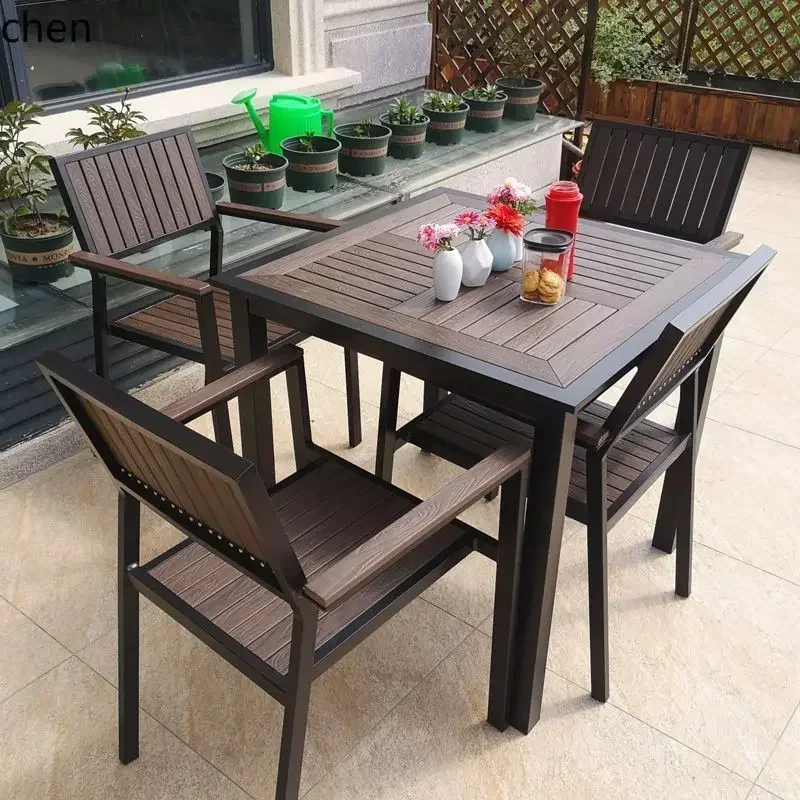 HYS Outdoor Table and Chair Set Plastic Wood  Sunproof Leisure Chair Outdoor Open-air Balcony Garden Courtyard