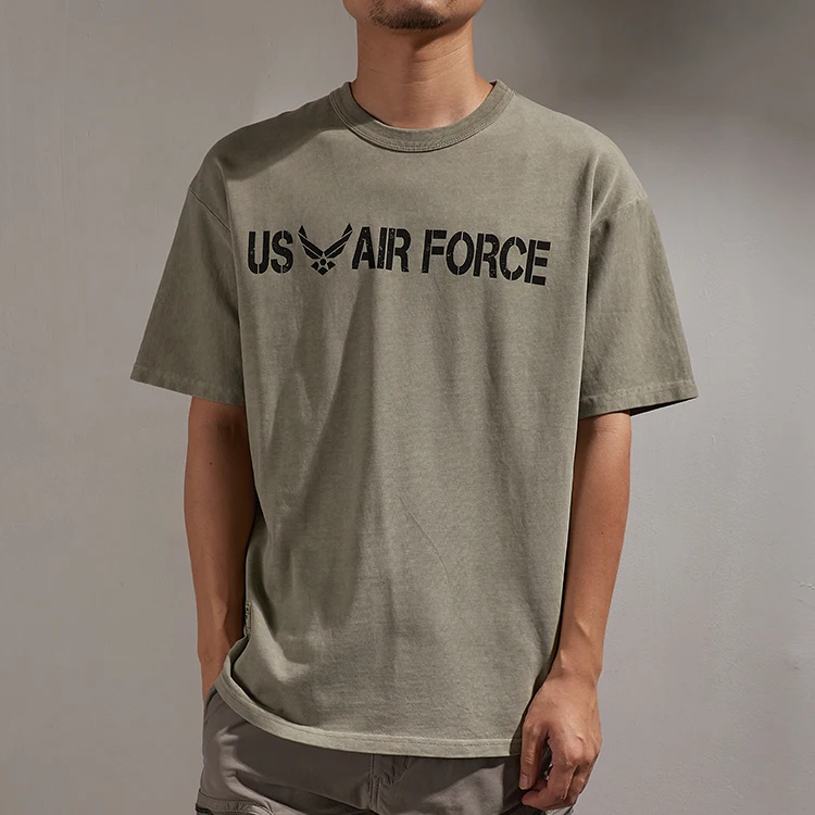 

Summer American Retro Military Style Short Sleeve Heavyweight Printed T-shirt Men's Fashion 100% Cotton Washed Loose Casual Tops