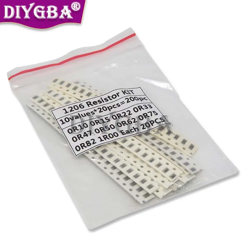 PUMUDDSY-Kit surtido de resistencias, 200 piezas, 1%, 1206 SMD, 10 piezas ValueX20 = 200 piezas, 1R00, R820, R750, R620, R500, R470, R330, R220, R150, R100