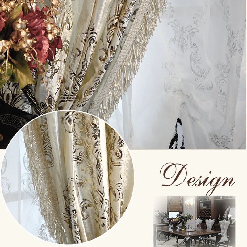 Luxury White Curtain with Ball Rim Rings, Grommet Top, Pencil Pleated, Hook, Rod Pocket, Prince, Charming Patchwork Bead Drapes