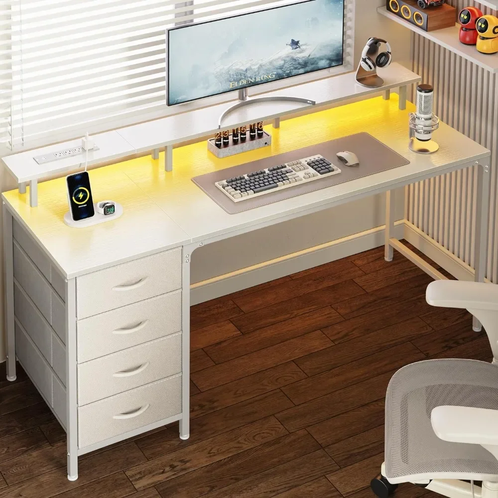 63 Inch Computer Desk with Power Outlets and LED Lights, Gaming Desk with 4 Drawers, Office Desk with Monitor Stand, Study