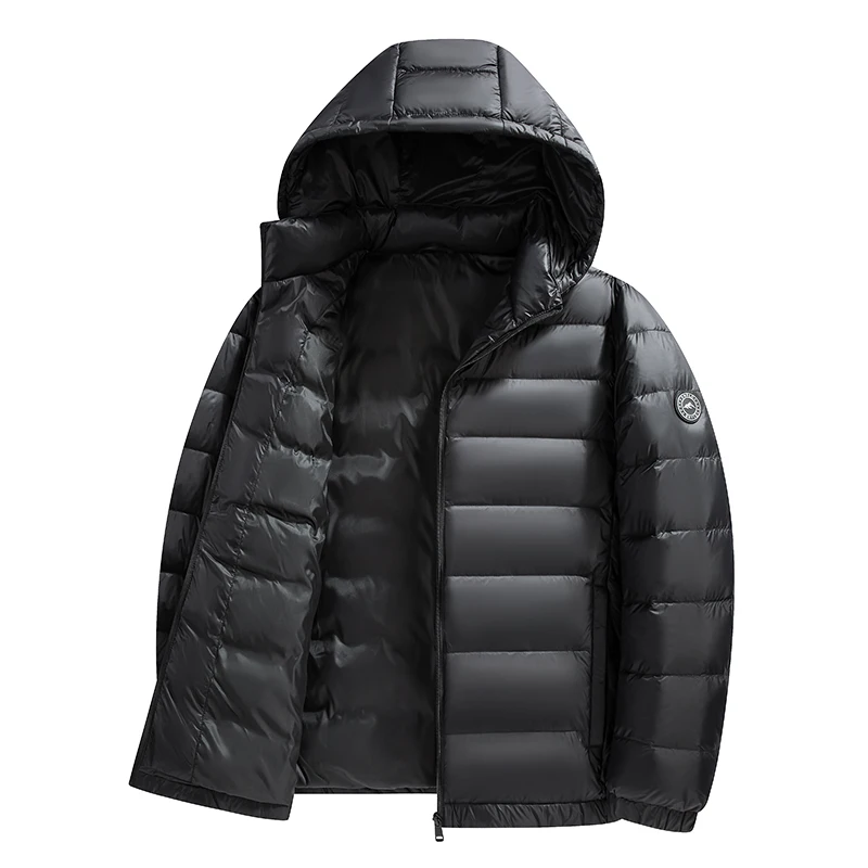 90% White Duck Down Coat Lightweight Men's Winter Simple Solid Warm Padded Hooded Jacket Long Sleeve Thermal Down Coat
