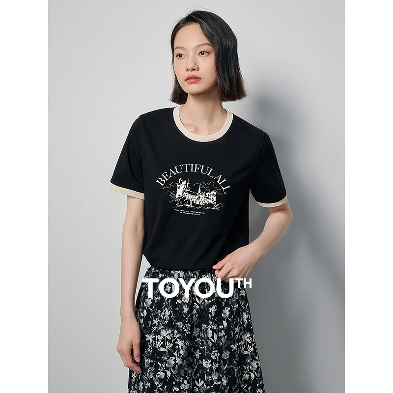 

TOYOUTH Women T-shirt 2024 Summer New Retro Contrast Color Architectural Printed Short Sleeve 5A Antibacterial Tops