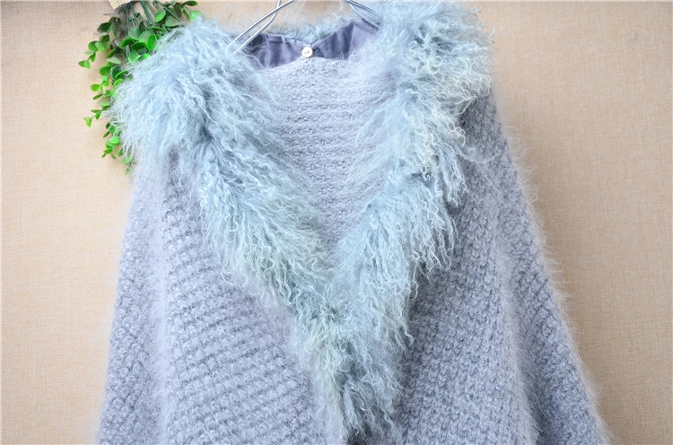 Heavy Thick Women Mujer Autumn Winter Grey Hairy Mink Cashmere Knitted Fur Collar Sleeveless Jacket Vest Sweater Coat Pull Tops