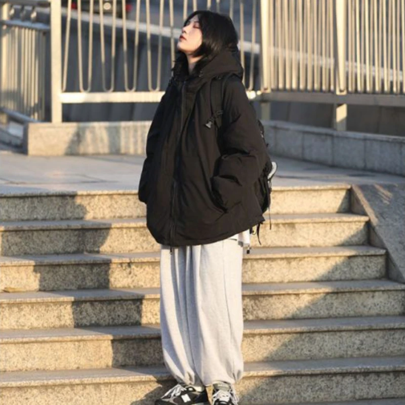 Preppy Padded Jacket Japan Style Thickened Plush Zipper Parkas Women's College Men's and Women's Warm Hooded Loose Winter Coat