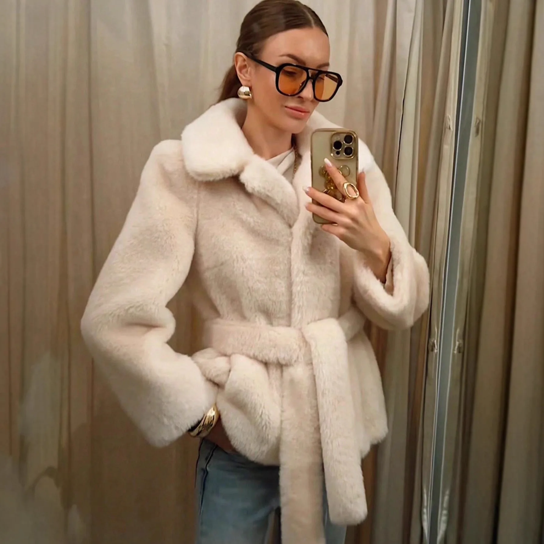 الخريف الشتاء فو الفراء معطف فضفاض حزام دافئ رقيق فو الفراء سترة الكلاسيكية الشارع نمط التلبيب أبلى الفاخرة المرأة معطف سميك #3