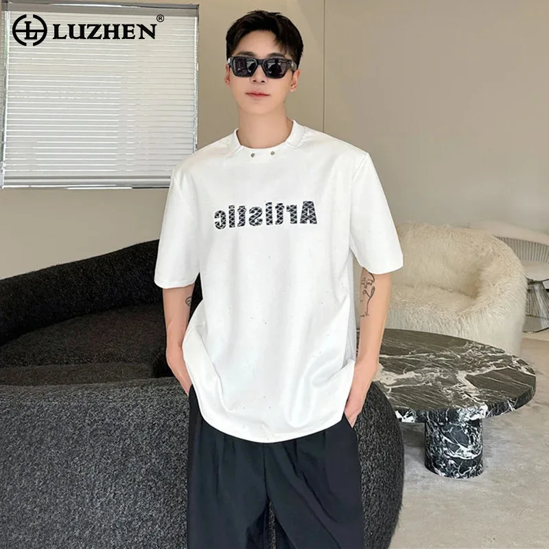 

LUZHEN T-shirts Elegant Temperament Sleeve Letter Printed Sequin Short Men's 2025 Summer Round Neck Handsome Casual Tops JY2740