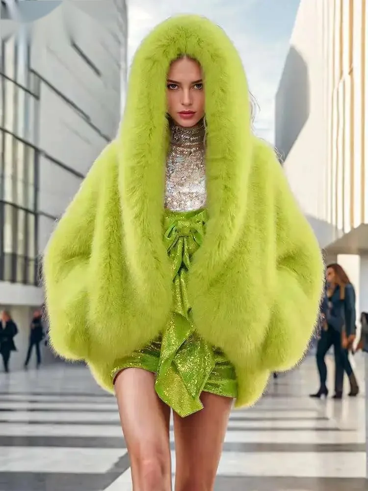 Fashion Faux Fur Coat Women's Hooded Long Sleeve Green Black Loose Plush Imitation Fur Jacket Winter 2026 New 7AHC0K