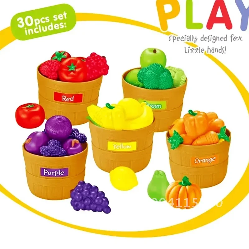 30-teiliges Farbsortier-Küchen- und Rollenspiel-Lebensmittelspielzeug, Kleinkinder – Obst und Gemüse, Geschenk für Kinder, Formen, Lernset, Lernspielzeug