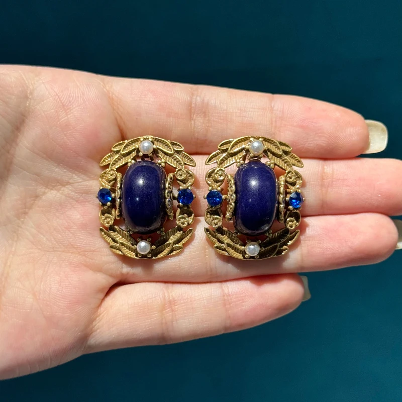 Vintage Blue Square Natural Stone Jewelry Set Pearl Gold Color Pendant Necklace Ring Stud Earring Luxury Designer For Women Prom